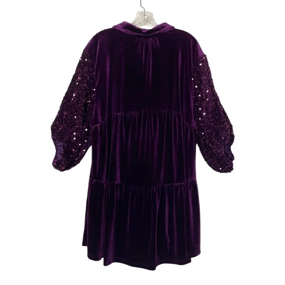 New Umgee Purple Velvet Button Down Tunic Sequined Balloon Sleeves Womens Sz 1XL - Picture 2 of 8